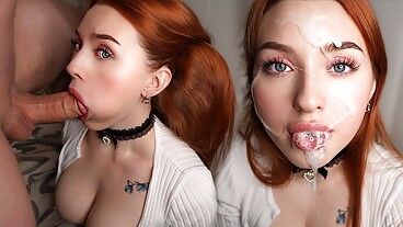 Рыженькая милашка делает небрежный слюнявый минет. Умелый рот быстро заставляет кончить